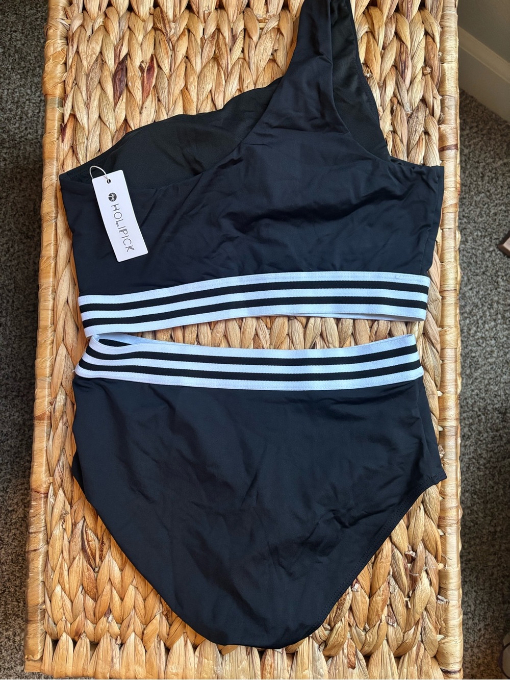 NWT One-Shoulder Black Two-Piece Swim Set High-Waisted Bottom Striped Waistband - Picture 7 of 9